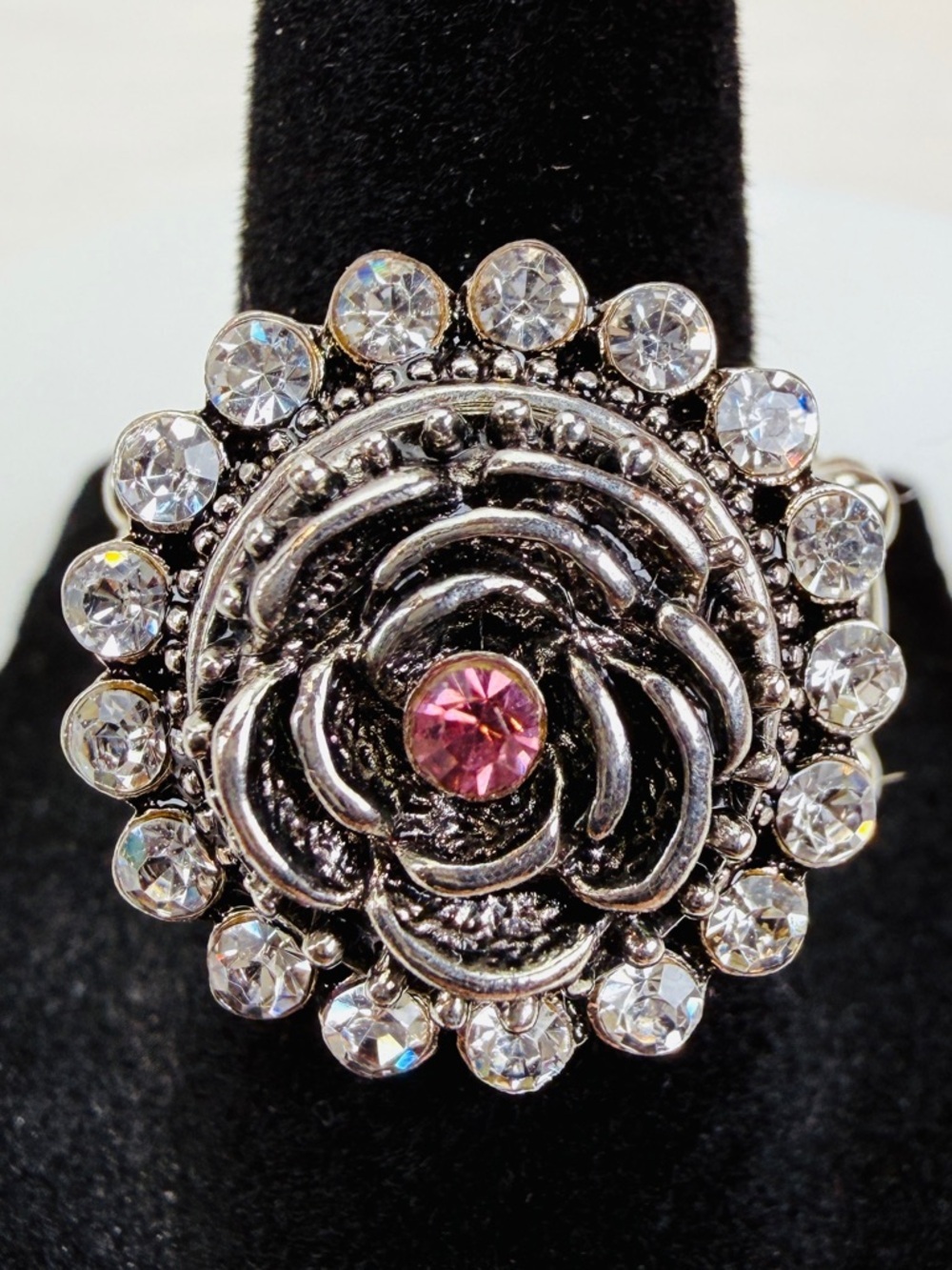 Silvertone, interchangeable button, stretch, statement ring - Picture 2 of 6